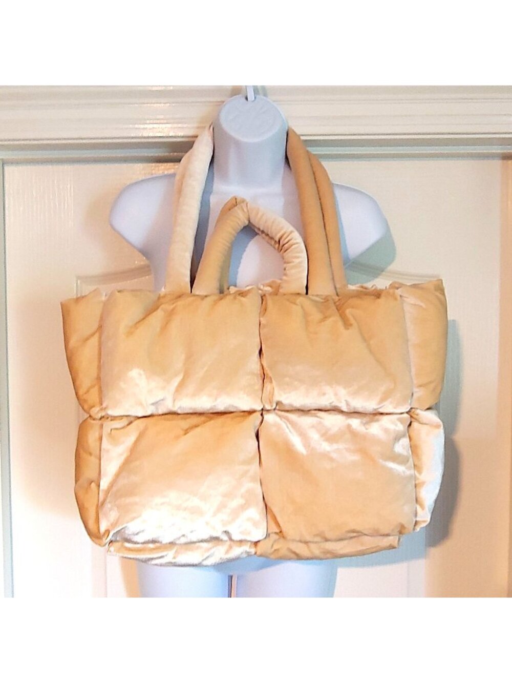 Anthropologie Velvet Puffer Tote Perfect Beige Woven Padded Plush Bag NWT $128